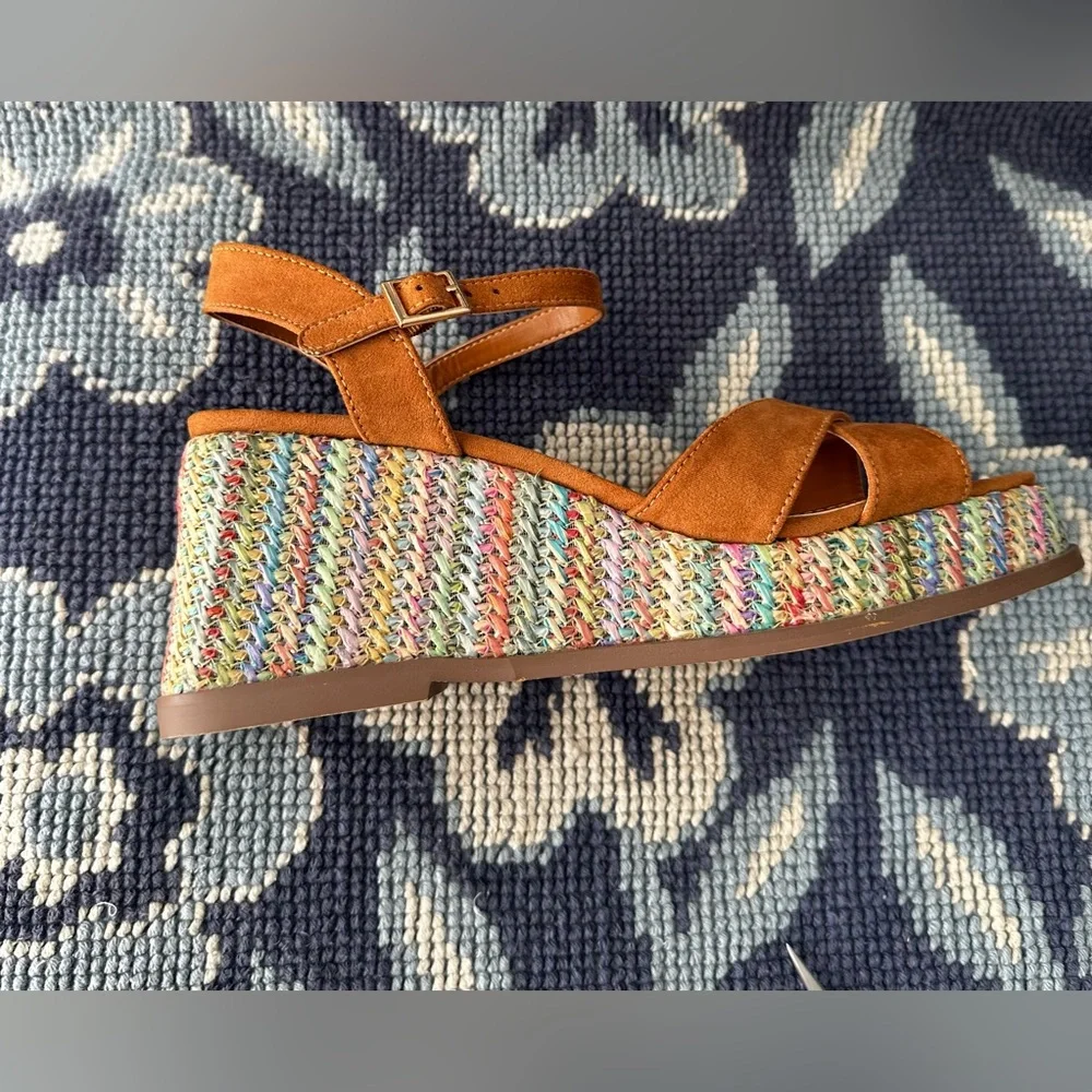 Metropolitan View Tan Wedge Sandals Boho Woven Platform Ankle Strap